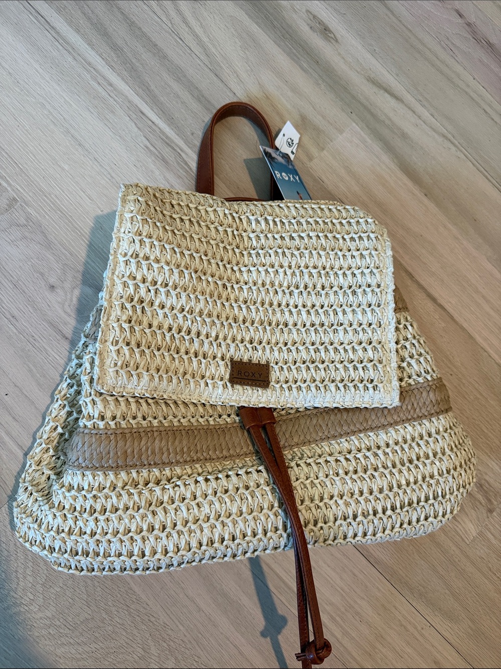 Roxy Cream Woven Straw Backpack with Brown Trim and Strap